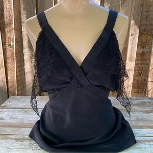 Katayone Adeli black silk tank blouse with lace, tie in back size Small